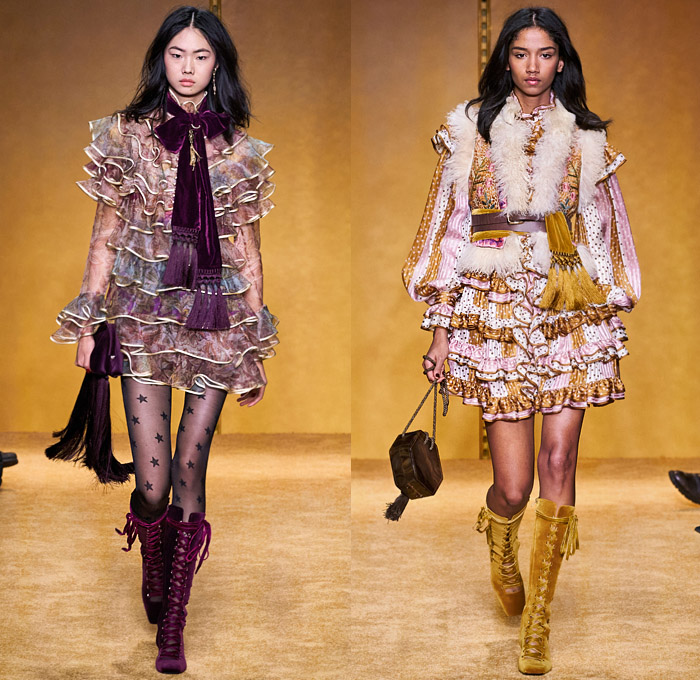 Zimmermann 2020-2021 Fall Autumn Winter Womens Runway Catwalk Looks - New York Fashion Week NYFW - Lady Beetle Bug Lucky Charms Amulet Talisman Word Typography Evil Eye Horse Shoe Fortune Teller Pantsuit Plaid Check Coveralls Jumpsuit Velvet Sheer Tulle Lace Embroidery Decorative Art Tiered Ruffles Pussycat Bow Scarf Stars Tights Stockings Flare Pants Maxi Dress Gown Knit Crochet Pellegrina Coat Jacket Kimono Robe Jacquard Brocade Silk Satin Hobo Bag Fringes Tassels Boots Hat 