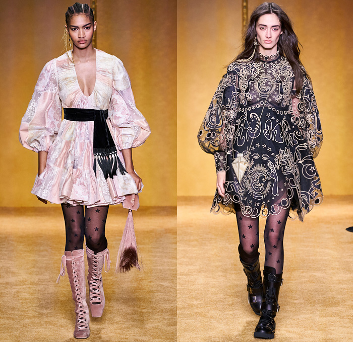 Zimmermann 2020-2021 Fall Autumn Winter Womens Runway Catwalk Looks - New York Fashion Week NYFW - Lady Beetle Bug Lucky Charms Amulet Talisman Word Typography Evil Eye Horse Shoe Fortune Teller Pantsuit Plaid Check Coveralls Jumpsuit Velvet Sheer Tulle Lace Embroidery Decorative Art Tiered Ruffles Pussycat Bow Scarf Stars Tights Stockings Flare Pants Maxi Dress Gown Knit Crochet Pellegrina Coat Jacket Kimono Robe Jacquard Brocade Silk Satin Hobo Bag Fringes Tassels Boots Hat 