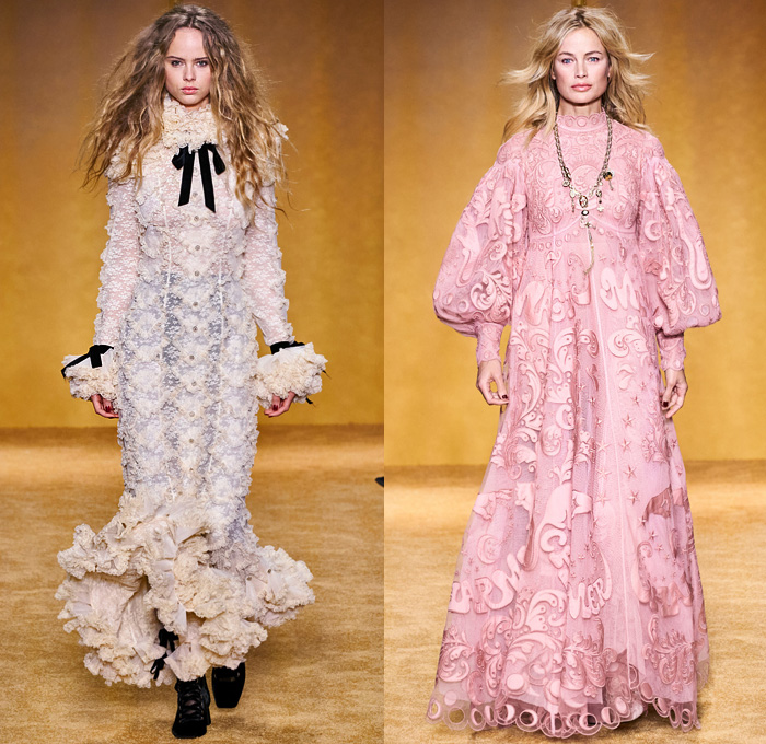 Zimmermann 2020-2021 Fall Autumn Winter Womens Runway Catwalk Looks - New York Fashion Week NYFW - Lady Beetle Bug Lucky Charms Amulet Talisman Word Typography Evil Eye Horse Shoe Fortune Teller Pantsuit Plaid Check Coveralls Jumpsuit Velvet Sheer Tulle Lace Embroidery Decorative Art Tiered Ruffles Pussycat Bow Scarf Stars Tights Stockings Flare Pants Maxi Dress Gown Knit Crochet Pellegrina Coat Jacket Kimono Robe Jacquard Brocade Silk Satin Hobo Bag Fringes Tassels Boots Hat 