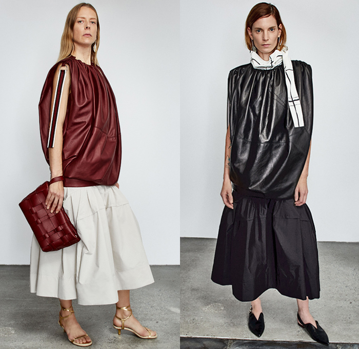 3.1 Phillip Lim 2020 Pre-Fall Autumn Womens Lookbook Presentation - John Chamberlain Crushed Salvaged Car Auto Parts Twisted Deconstructed Streamers Straps Belts Extended Collar Hem Long Sleeve Blouse Puff Ball Dress Blouse Workwear Metal Bolt Snap Hooks Cinch Cable Turtleneck Knit Sweater Blazer Pantsuit Parka Tabard Layers Wrap Tied Knot One Shoulder Poodle Skirt Basketweave Handbag Sandals Mules Kitten Heels