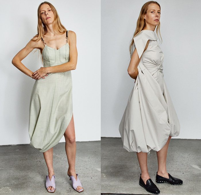 3.1 Phillip Lim 2020 Pre-Fall Autumn Womens Lookbook Presentation - John Chamberlain Crushed Salvaged Car Auto Parts Twisted Deconstructed Streamers Straps Belts Extended Collar Hem Long Sleeve Blouse Puff Ball Dress Blouse Workwear Metal Bolt Snap Hooks Cinch Cable Turtleneck Knit Sweater Blazer Pantsuit Parka Tabard Layers Wrap Tied Knot One Shoulder Poodle Skirt Basketweave Handbag Sandals Mules Kitten Heels