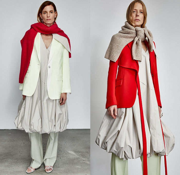 3.1 Phillip Lim 2020 Pre-Fall Autumn Womens Lookbook Presentation - John Chamberlain Crushed Salvaged Car Auto Parts Twisted Deconstructed Streamers Straps Belts Extended Collar Hem Long Sleeve Blouse Puff Ball Dress Blouse Workwear Metal Bolt Snap Hooks Cinch Cable Turtleneck Knit Sweater Blazer Pantsuit Parka Tabard Layers Wrap Tied Knot One Shoulder Poodle Skirt Basketweave Handbag Sandals Mules Kitten Heels