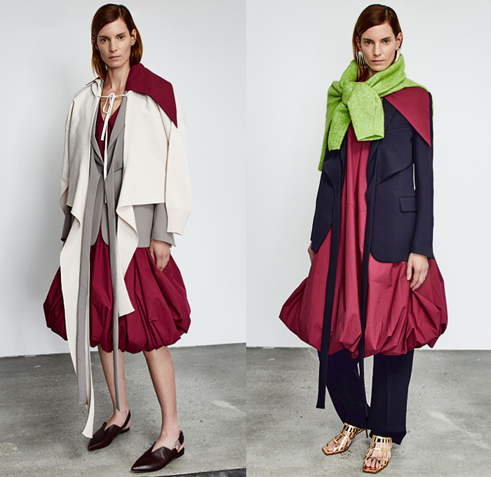 3.1 Phillip Lim 2020 Pre-Fall Autumn Womens Lookbook Presentation - John Chamberlain Crushed Salvaged Car Auto Parts Twisted Deconstructed Streamers Straps Belts Extended Collar Hem Long Sleeve Blouse Puff Ball Dress Blouse Workwear Metal Bolt Snap Hooks Cinch Cable Turtleneck Knit Sweater Blazer Pantsuit Parka Tabard Layers Wrap Tied Knot One Shoulder Poodle Skirt Basketweave Handbag Sandals Mules Kitten Heels