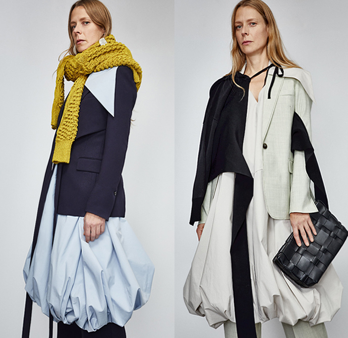 3.1 Phillip Lim 2020 Pre-Fall Autumn Womens Lookbook Presentation - John Chamberlain Crushed Salvaged Car Auto Parts Twisted Deconstructed Streamers Straps Belts Extended Collar Hem Long Sleeve Blouse Puff Ball Dress Blouse Workwear Metal Bolt Snap Hooks Cinch Cable Turtleneck Knit Sweater Blazer Pantsuit Parka Tabard Layers Wrap Tied Knot One Shoulder Poodle Skirt Basketweave Handbag Sandals Mules Kitten Heels