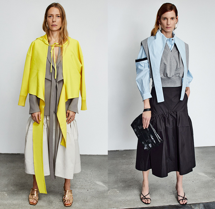 3.1 Phillip Lim 2020 Pre-Fall Autumn Womens Lookbook Presentation - John Chamberlain Crushed Salvaged Car Auto Parts Twisted Deconstructed Streamers Straps Belts Extended Collar Hem Long Sleeve Blouse Puff Ball Dress Blouse Workwear Metal Bolt Snap Hooks Cinch Cable Turtleneck Knit Sweater Blazer Pantsuit Parka Tabard Layers Wrap Tied Knot One Shoulder Poodle Skirt Basketweave Handbag Sandals Mules Kitten Heels