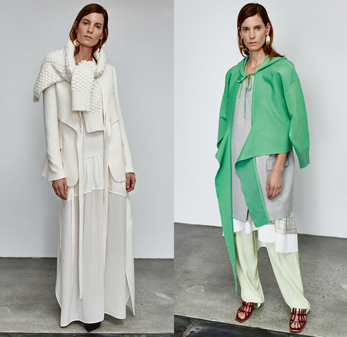 3.1 Phillip Lim 2020 Pre-Fall Autumn Womens Lookbook Presentation - John Chamberlain Crushed Salvaged Car Auto Parts Twisted Deconstructed Streamers Straps Belts Extended Collar Hem Long Sleeve Blouse Puff Ball Dress Blouse Workwear Metal Bolt Snap Hooks Cinch Cable Turtleneck Knit Sweater Blazer Pantsuit Parka Tabard Layers Wrap Tied Knot One Shoulder Poodle Skirt Basketweave Handbag Sandals Mules Kitten Heels