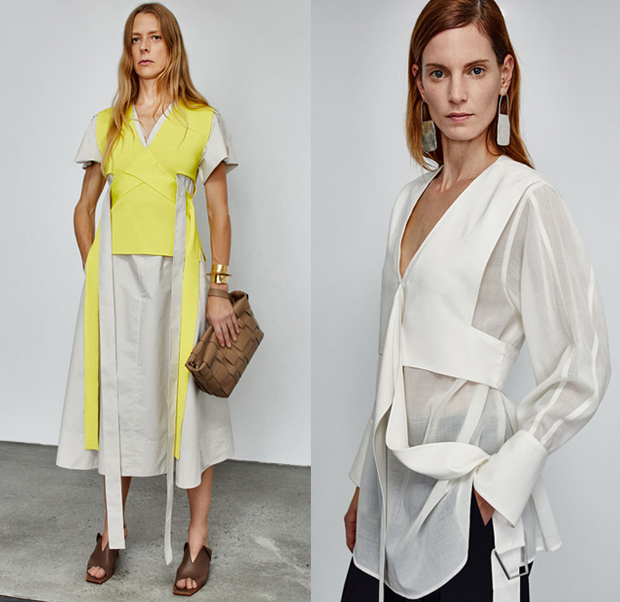 3.1 Phillip Lim 2020 Pre-Fall Autumn Womens Lookbook Presentation - John Chamberlain Crushed Salvaged Car Auto Parts Twisted Deconstructed Streamers Straps Belts Extended Collar Hem Long Sleeve Blouse Puff Ball Dress Blouse Workwear Metal Bolt Snap Hooks Cinch Cable Turtleneck Knit Sweater Blazer Pantsuit Parka Tabard Layers Wrap Tied Knot One Shoulder Poodle Skirt Basketweave Handbag Sandals Mules Kitten Heels
