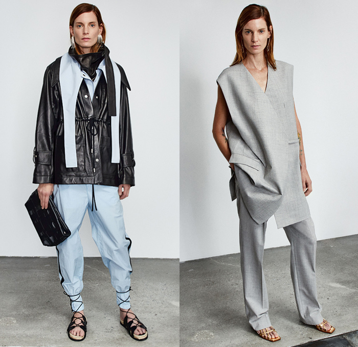 3.1 Phillip Lim 2020 Pre-Fall Autumn Womens Lookbook Presentation - John Chamberlain Crushed Salvaged Car Auto Parts Twisted Deconstructed Streamers Straps Belts Extended Collar Hem Long Sleeve Blouse Puff Ball Dress Blouse Workwear Metal Bolt Snap Hooks Cinch Cable Turtleneck Knit Sweater Blazer Pantsuit Parka Tabard Layers Wrap Tied Knot One Shoulder Poodle Skirt Basketweave Handbag Sandals Mules Kitten Heels