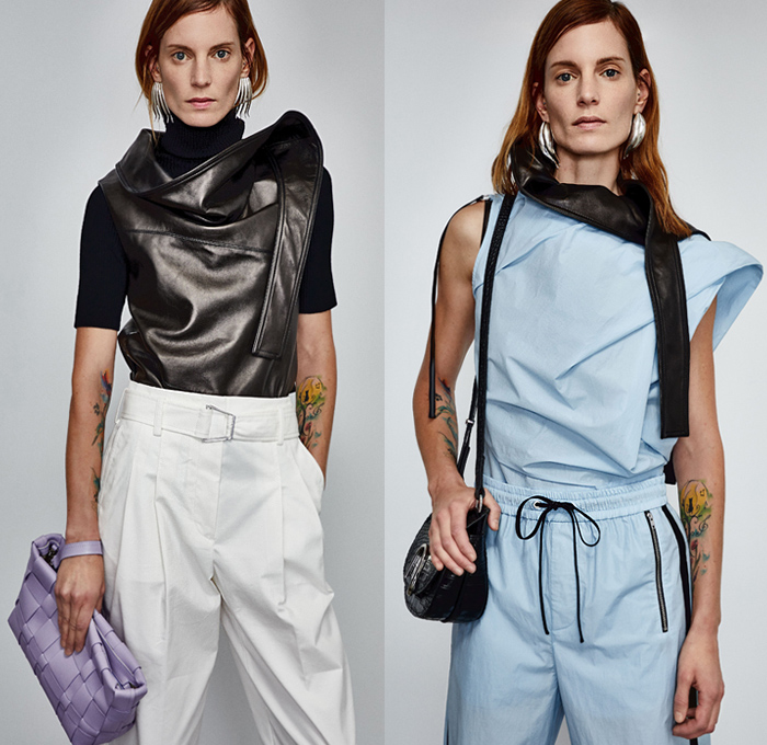 3.1 Phillip Lim 2020 Pre-Fall Autumn Womens Lookbook Presentation - John Chamberlain Crushed Salvaged Car Auto Parts Twisted Deconstructed Streamers Straps Belts Extended Collar Hem Long Sleeve Blouse Puff Ball Dress Blouse Workwear Metal Bolt Snap Hooks Cinch Cable Turtleneck Knit Sweater Blazer Pantsuit Parka Tabard Layers Wrap Tied Knot One Shoulder Poodle Skirt Basketweave Handbag Sandals Mules Kitten Heels