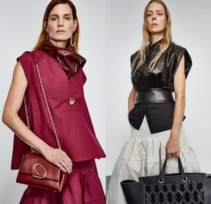 3.1 Phillip Lim 2020 Pre-Fall Autumn Womens Lookbook Presentation - John Chamberlain Crushed Salvaged Car Auto Parts Twisted Deconstructed Streamers Straps Belts Extended Collar Hem Long Sleeve Blouse Puff Ball Dress Blouse Workwear Metal Bolt Snap Hooks Cinch Cable Turtleneck Knit Sweater Blazer Pantsuit Parka Tabard Layers Wrap Tied Knot One Shoulder Poodle Skirt Basketweave Handbag Sandals Mules Kitten Heels