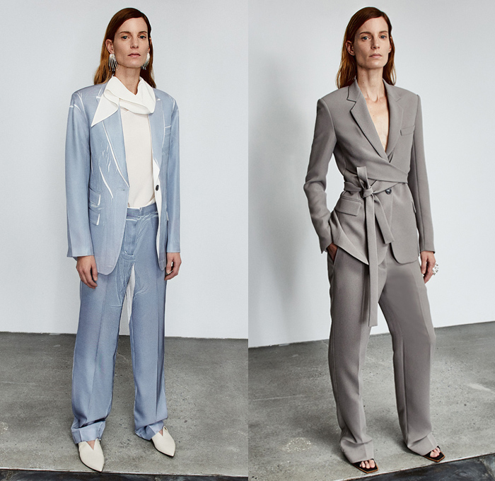 3.1 Phillip Lim 2020 Pre-Fall Autumn Womens Lookbook Presentation - John Chamberlain Crushed Salvaged Car Auto Parts Twisted Deconstructed Streamers Straps Belts Extended Collar Hem Long Sleeve Blouse Puff Ball Dress Blouse Workwear Metal Bolt Snap Hooks Cinch Cable Turtleneck Knit Sweater Blazer Pantsuit Parka Tabard Layers Wrap Tied Knot One Shoulder Poodle Skirt Basketweave Handbag Sandals Mules Kitten Heels