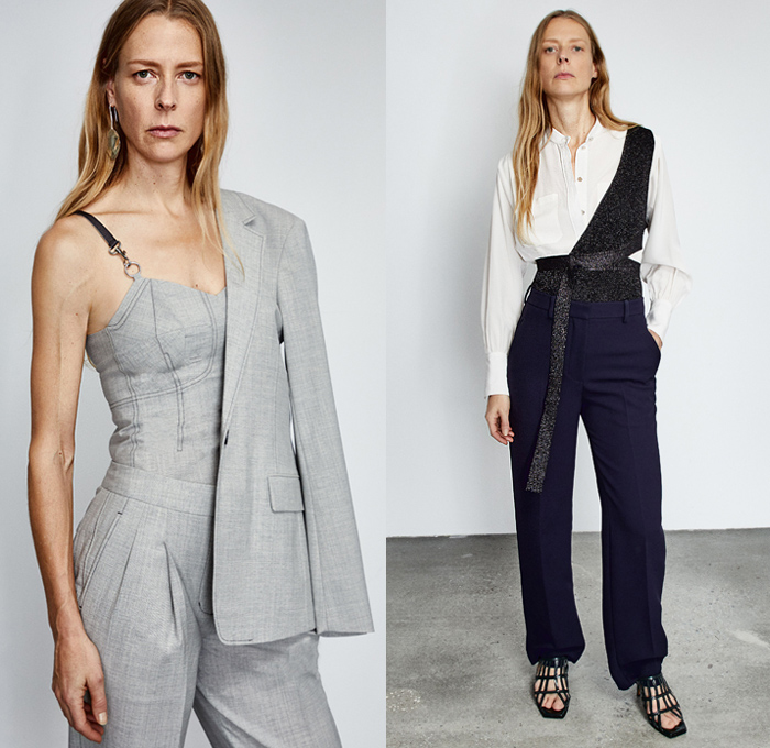 3.1 Phillip Lim 2020 Pre-Fall Autumn Womens Lookbook Presentation - John Chamberlain Crushed Salvaged Car Auto Parts Twisted Deconstructed Streamers Straps Belts Extended Collar Hem Long Sleeve Blouse Puff Ball Dress Blouse Workwear Metal Bolt Snap Hooks Cinch Cable Turtleneck Knit Sweater Blazer Pantsuit Parka Tabard Layers Wrap Tied Knot One Shoulder Poodle Skirt Basketweave Handbag Sandals Mules Kitten Heels