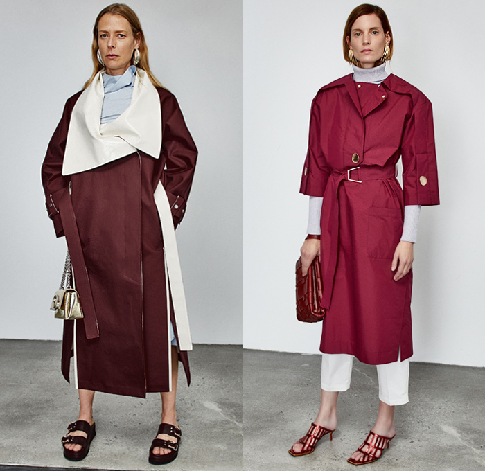 3.1 Phillip Lim 2020 Pre-Fall Autumn Womens Lookbook Presentation - John Chamberlain Crushed Salvaged Car Auto Parts Twisted Deconstructed Streamers Straps Belts Extended Collar Hem Long Sleeve Blouse Puff Ball Dress Blouse Workwear Metal Bolt Snap Hooks Cinch Cable Turtleneck Knit Sweater Blazer Pantsuit Parka Tabard Layers Wrap Tied Knot One Shoulder Poodle Skirt Basketweave Handbag Sandals Mules Kitten Heels