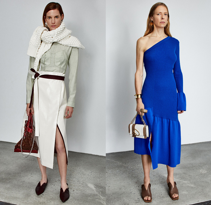 3.1 Phillip Lim 2020 Pre-Fall Autumn Womens Lookbook Presentation - John Chamberlain Crushed Salvaged Car Auto Parts Twisted Deconstructed Streamers Straps Belts Extended Collar Hem Long Sleeve Blouse Puff Ball Dress Blouse Workwear Metal Bolt Snap Hooks Cinch Cable Turtleneck Knit Sweater Blazer Pantsuit Parka Tabard Layers Wrap Tied Knot One Shoulder Poodle Skirt Basketweave Handbag Sandals Mules Kitten Heels