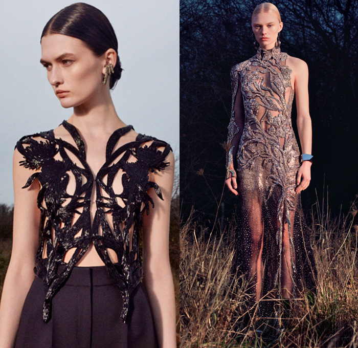 Alexander McQueen 2020 Pre-Fall Autumn Womens Lookbook Presentation - Sarah Burton - Asymmetrical Draped Coat Gold Metal Staple Molten Moiré Pantsuit Jacket Blazer Harness Twisted Art Nouveau Thistle Jet Embroidery Sheer Tulle Bedazzled Jewels Crystals Sequins Donegal Tweed Prairie Midi Dress Flowers Wool Pinstripe Patchwork Lurex Prince of Wales Hybrid Double Lapel Crepe Lace Corset Halterneck Ruffles Lambskin Leather Cape Sleeve Knit Sweaterdress One Shoulder Gown Purse Handbag Boots