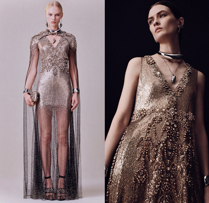 Alexander McQueen 2020 Pre-Fall Autumn Womens Lookbook Presentation - Sarah Burton - Asymmetrical Draped Coat Gold Metal Staple Molten Moiré Pantsuit Jacket Blazer Harness Twisted Art Nouveau Thistle Jet Embroidery Sheer Tulle Bedazzled Jewels Crystals Sequins Donegal Tweed Prairie Midi Dress Flowers Wool Pinstripe Patchwork Lurex Prince of Wales Hybrid Double Lapel Crepe Lace Corset Halterneck Ruffles Lambskin Leather Cape Sleeve Knit Sweaterdress One Shoulder Gown Purse Handbag Boots