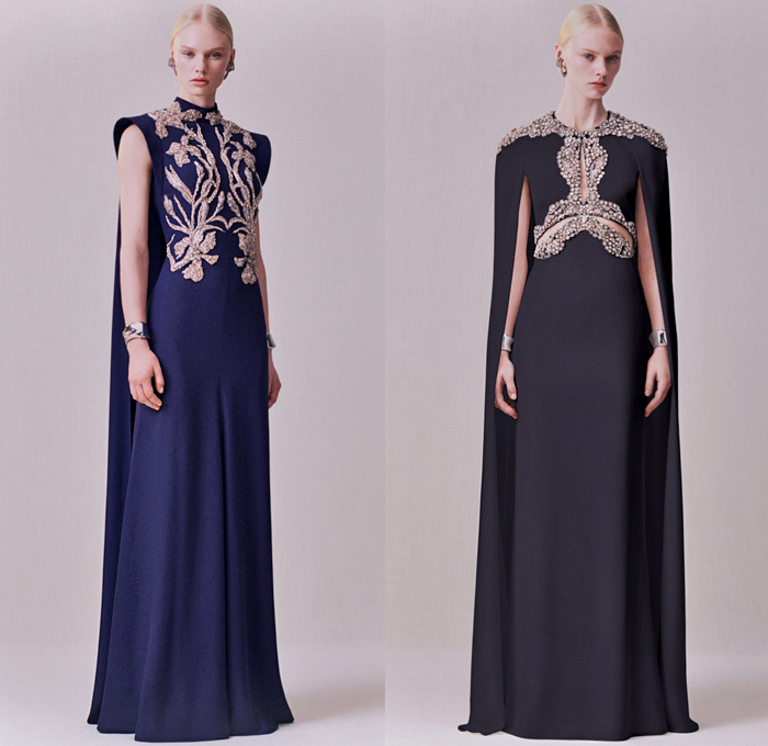 Alexander McQueen 2020 Pre-Fall Autumn Womens Lookbook Presentation - Sarah Burton - Asymmetrical Draped Coat Gold Metal Staple Molten Moiré Pantsuit Jacket Blazer Harness Twisted Art Nouveau Thistle Jet Embroidery Sheer Tulle Bedazzled Jewels Crystals Sequins Donegal Tweed Prairie Midi Dress Flowers Wool Pinstripe Patchwork Lurex Prince of Wales Hybrid Double Lapel Crepe Lace Corset Halterneck Ruffles Lambskin Leather Cape Sleeve Knit Sweaterdress One Shoulder Gown Purse Handbag Boots