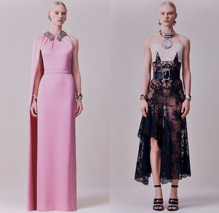 Alexander McQueen 2020 Pre-Fall Autumn Womens Lookbook Presentation - Sarah Burton - Asymmetrical Draped Coat Gold Metal Staple Molten Moiré Pantsuit Jacket Blazer Harness Twisted Art Nouveau Thistle Jet Embroidery Sheer Tulle Bedazzled Jewels Crystals Sequins Donegal Tweed Prairie Midi Dress Flowers Wool Pinstripe Patchwork Lurex Prince of Wales Hybrid Double Lapel Crepe Lace Corset Halterneck Ruffles Lambskin Leather Cape Sleeve Knit Sweaterdress One Shoulder Gown Purse Handbag Boots