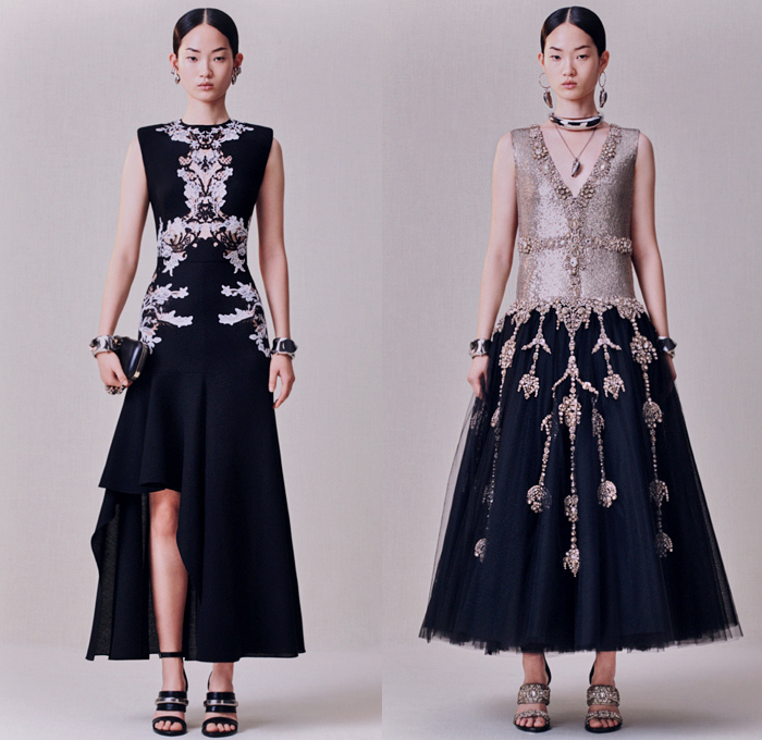 Alexander McQueen 2020 Pre-Fall Autumn Womens Lookbook Presentation - Sarah Burton - Asymmetrical Draped Coat Gold Metal Staple Molten Moiré Pantsuit Jacket Blazer Harness Twisted Art Nouveau Thistle Jet Embroidery Sheer Tulle Bedazzled Jewels Crystals Sequins Donegal Tweed Prairie Midi Dress Flowers Wool Pinstripe Patchwork Lurex Prince of Wales Hybrid Double Lapel Crepe Lace Corset Halterneck Ruffles Lambskin Leather Cape Sleeve Knit Sweaterdress One Shoulder Gown Purse Handbag Boots