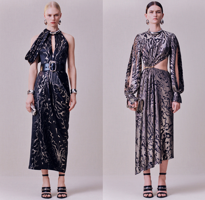 Alexander McQueen 2020 Pre-Fall Autumn Womens Lookbook Presentation - Sarah Burton - Asymmetrical Draped Coat Gold Metal Staple Molten Moiré Pantsuit Jacket Blazer Harness Twisted Art Nouveau Thistle Jet Embroidery Sheer Tulle Bedazzled Jewels Crystals Sequins Donegal Tweed Prairie Midi Dress Flowers Wool Pinstripe Patchwork Lurex Prince of Wales Hybrid Double Lapel Crepe Lace Corset Halterneck Ruffles Lambskin Leather Cape Sleeve Knit Sweaterdress One Shoulder Gown Purse Handbag Boots