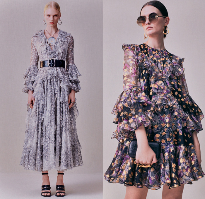 Alexander McQueen 2020 Pre-Fall Autumn Womens Lookbook Presentation - Sarah Burton - Asymmetrical Draped Coat Gold Metal Staple Molten Moiré Pantsuit Jacket Blazer Harness Twisted Art Nouveau Thistle Jet Embroidery Sheer Tulle Bedazzled Jewels Crystals Sequins Donegal Tweed Prairie Midi Dress Flowers Wool Pinstripe Patchwork Lurex Prince of Wales Hybrid Double Lapel Crepe Lace Corset Halterneck Ruffles Lambskin Leather Cape Sleeve Knit Sweaterdress One Shoulder Gown Purse Handbag Boots