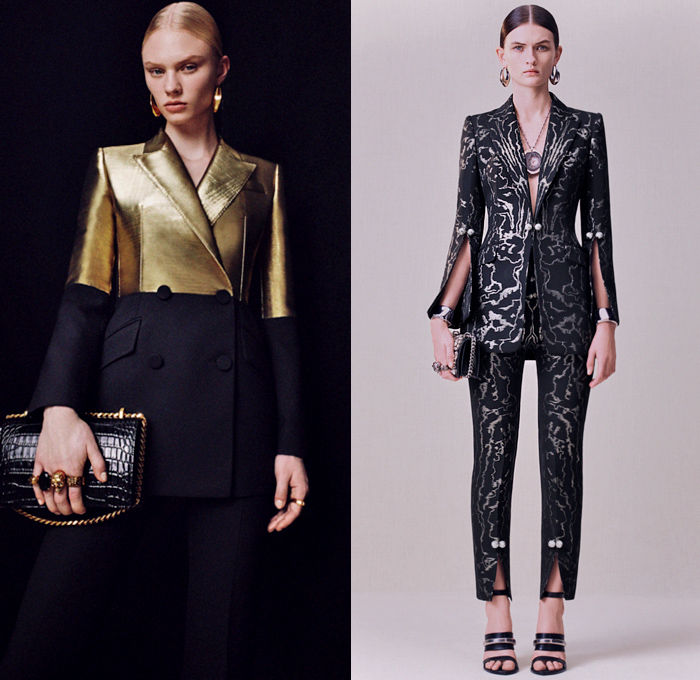 Alexander McQueen 2020 Pre-Fall Autumn Womens Lookbook Presentation - Sarah Burton - Asymmetrical Draped Coat Gold Metal Staple Molten Moiré Pantsuit Jacket Blazer Harness Twisted Art Nouveau Thistle Jet Embroidery Sheer Tulle Bedazzled Jewels Crystals Sequins Donegal Tweed Prairie Midi Dress Flowers Wool Pinstripe Patchwork Lurex Prince of Wales Hybrid Double Lapel Crepe Lace Corset Halterneck Ruffles Lambskin Leather Cape Sleeve Knit Sweaterdress One Shoulder Gown Purse Handbag Boots