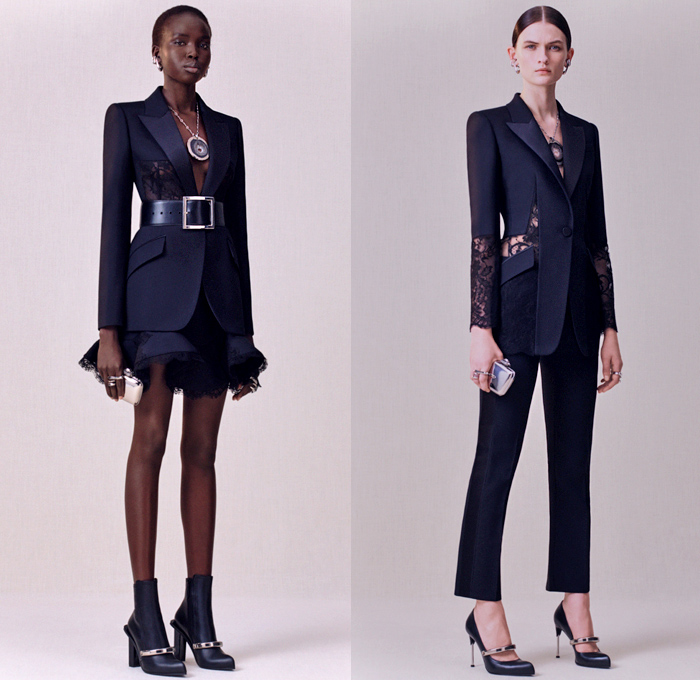 Alexander McQueen 2020 Pre-Fall Autumn Womens Lookbook Presentation - Sarah Burton - Asymmetrical Draped Coat Gold Metal Staple Molten Moiré Pantsuit Jacket Blazer Harness Twisted Art Nouveau Thistle Jet Embroidery Sheer Tulle Bedazzled Jewels Crystals Sequins Donegal Tweed Prairie Midi Dress Flowers Wool Pinstripe Patchwork Lurex Prince of Wales Hybrid Double Lapel Crepe Lace Corset Halterneck Ruffles Lambskin Leather Cape Sleeve Knit Sweaterdress One Shoulder Gown Purse Handbag Boots