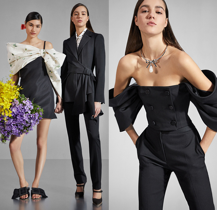 Carolina Herrera 2020 Pre-Fall Autumn Womens Lookbook Presentation - Denim Jeans Lace Embroidery Cutwork Wide Lapel Coat Jacket Flowers Floral Check Plaid Strapless One Shoulder Poufy Puff Sleeves Bedazzled Pearls Wrap Draped Blouse Sheer Tulle Noodle Strap Giant Bow Tied Knot Cocktail Dress Gown Shorts Pantsuit Shirtdress Wide Belt Purse Clutch Bag