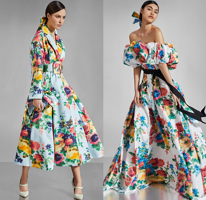 Carolina Herrera 2020 Pre-Fall Autumn Womens Lookbook Presentation - Denim Jeans Lace Embroidery Cutwork Wide Lapel Coat Jacket Flowers Floral Check Plaid Strapless One Shoulder Poufy Puff Sleeves Bedazzled Pearls Wrap Draped Blouse Sheer Tulle Noodle Strap Giant Bow Tied Knot Cocktail Dress Gown Shorts Pantsuit Shirtdress Wide Belt Purse Clutch Bag