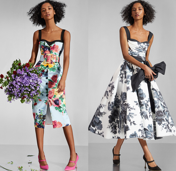 Carolina Herrera 2020 Pre-Fall Autumn Womens Lookbook Presentation - Denim Jeans Lace Embroidery Cutwork Wide Lapel Coat Jacket Flowers Floral Check Plaid Strapless One Shoulder Poufy Puff Sleeves Bedazzled Pearls Wrap Draped Blouse Sheer Tulle Noodle Strap Giant Bow Tied Knot Cocktail Dress Gown Shorts Pantsuit Shirtdress Wide Belt Purse Clutch Bag