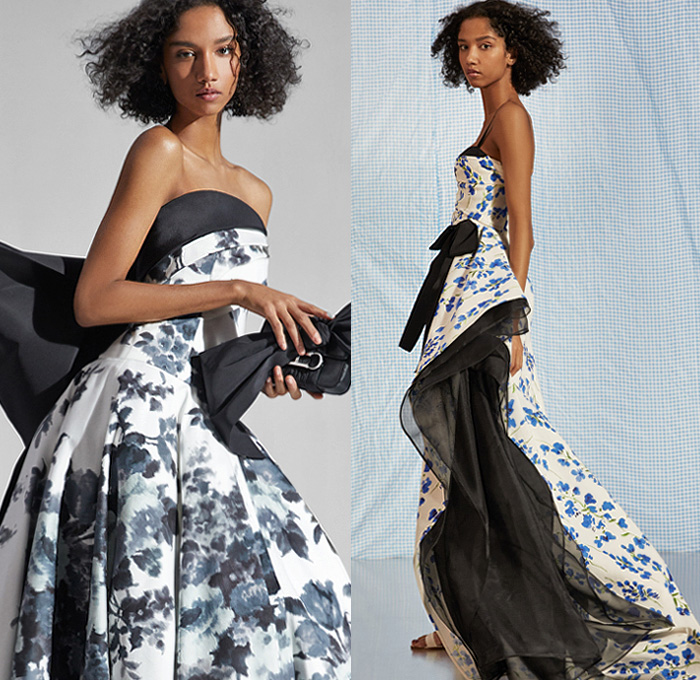 Carolina Herrera 2020 Pre-Fall Autumn Womens Lookbook Presentation - Denim Jeans Lace Embroidery Cutwork Wide Lapel Coat Jacket Flowers Floral Check Plaid Strapless One Shoulder Poufy Puff Sleeves Bedazzled Pearls Wrap Draped Blouse Sheer Tulle Noodle Strap Giant Bow Tied Knot Cocktail Dress Gown Shorts Pantsuit Shirtdress Wide Belt Purse Clutch Bag