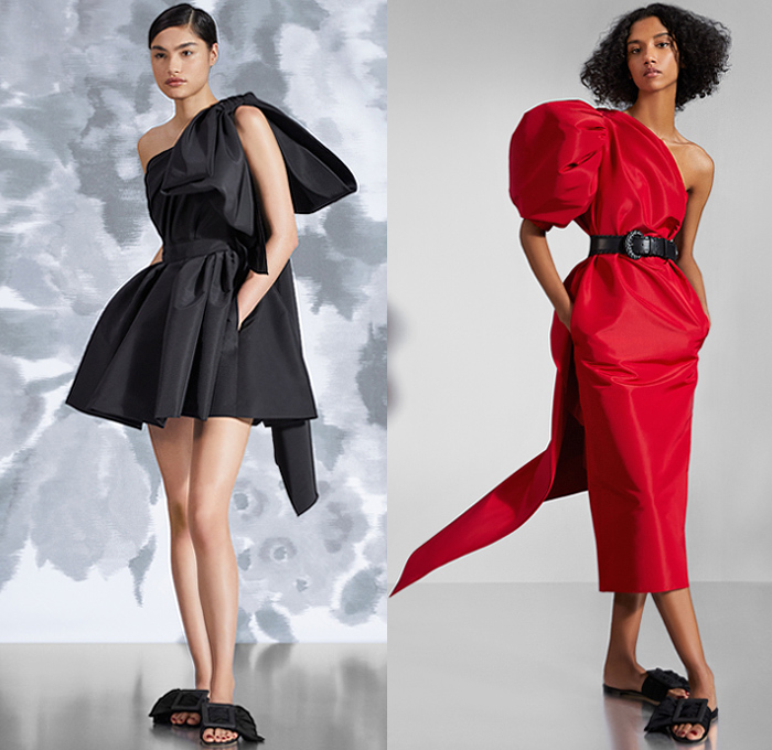 Carolina Herrera 2020 Pre-Fall Autumn Womens Lookbook Presentation - Denim Jeans Lace Embroidery Cutwork Wide Lapel Coat Jacket Flowers Floral Check Plaid Strapless One Shoulder Poufy Puff Sleeves Bedazzled Pearls Wrap Draped Blouse Sheer Tulle Noodle Strap Giant Bow Tied Knot Cocktail Dress Gown Shorts Pantsuit Shirtdress Wide Belt Purse Clutch Bag