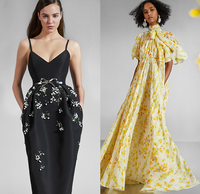 Carolina Herrera 2020 Pre-Fall Autumn Womens Lookbook Presentation - Denim Jeans Lace Embroidery Cutwork Wide Lapel Coat Jacket Flowers Floral Check Plaid Strapless One Shoulder Poufy Puff Sleeves Bedazzled Pearls Wrap Draped Blouse Sheer Tulle Noodle Strap Giant Bow Tied Knot Cocktail Dress Gown Shorts Pantsuit Shirtdress Wide Belt Purse Clutch Bag