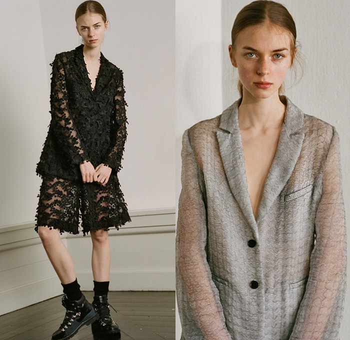 Cecilie Bahnsen 2020 Pre-Fall Autumn Womens Lookbook Presentation - Sheer Tulle Trompe L'oeil Star Flowers Floral Embroidery Adorned Blazer Coat Quilted Poufy Shoulders Puff Sleeves Ruffles Frills Knit Weave Braid Vest Church Communion Dress Shorts Boots