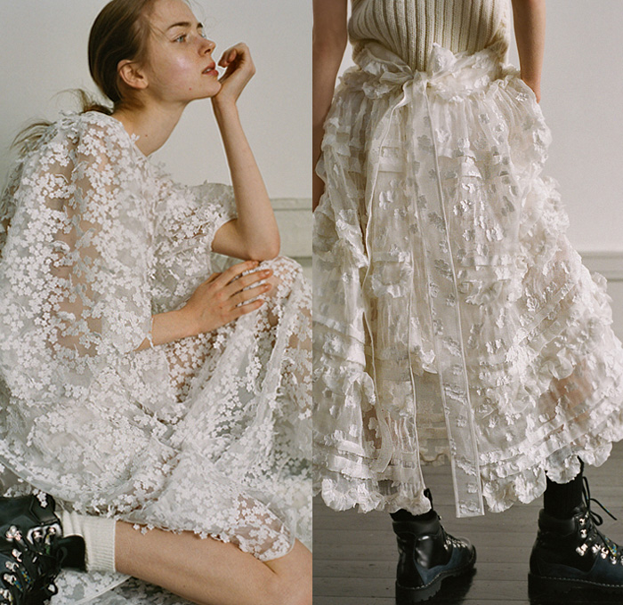 Cecilie Bahnsen 2020 Pre-Fall Autumn Womens Lookbook Presentation - Sheer Tulle Trompe L'oeil Star Flowers Floral Embroidery Adorned Blazer Coat Quilted Poufy Shoulders Puff Sleeves Ruffles Frills Knit Weave Braid Vest Church Communion Dress Shorts Boots