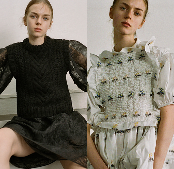 Cecilie Bahnsen 2020 Pre-Fall Autumn Womens Lookbook Presentation - Sheer Tulle Trompe L'oeil Star Flowers Floral Embroidery Adorned Blazer Coat Quilted Poufy Shoulders Puff Sleeves Ruffles Frills Knit Weave Braid Vest Church Communion Dress Shorts Boots