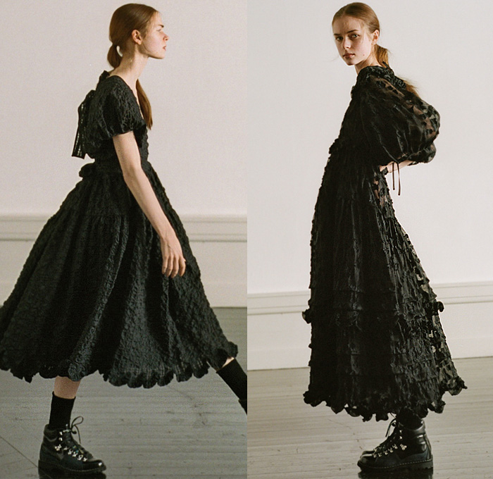 Cecilie Bahnsen 2020 Pre-Fall Autumn Womens Lookbook Presentation - Sheer Tulle Trompe L'oeil Star Flowers Floral Embroidery Adorned Blazer Coat Quilted Poufy Shoulders Puff Sleeves Ruffles Frills Knit Weave Braid Vest Church Communion Dress Shorts Boots