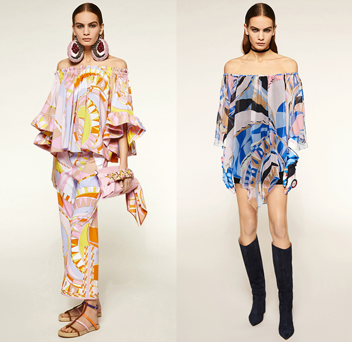 Emilio Pucci 2020 Pre-Fall Autumn Womens Lookbook Presentation - Hypnotic Geometric Circles Eyes 1960s Sixties Mod Pantsuit Blazer Turtleneck Bedazzled Sheen Metallic Sequins Embroidery Sheer  Blouse Shirtdress Loungewear Strapless Noodle Strap Dress Scarf Poufy Shoulders Quilted Puffer Jacket Coat Knit Sweater Opera Gloves Cross Wrap Halter Top Wide Leg Palazzo Pants Tights Leggings Midi Skirt Cycling Compression Bike Shorts Bikini Handbag Micro Bag Tote Floppy Hat Boots Sandals