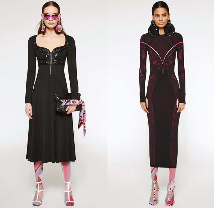 Emilio Pucci 2020 Pre-Fall Autumn Womens Lookbook Presentation - Hypnotic Geometric Circles Eyes 1960s Sixties Mod Pantsuit Blazer Turtleneck Bedazzled Sheen Metallic Sequins Embroidery Sheer  Blouse Shirtdress Loungewear Strapless Noodle Strap Dress Scarf Poufy Shoulders Quilted Puffer Jacket Coat Knit Sweater Opera Gloves Cross Wrap Halter Top Wide Leg Palazzo Pants Tights Leggings Midi Skirt Cycling Compression Bike Shorts Bikini Handbag Micro Bag Tote Floppy Hat Boots Sandals