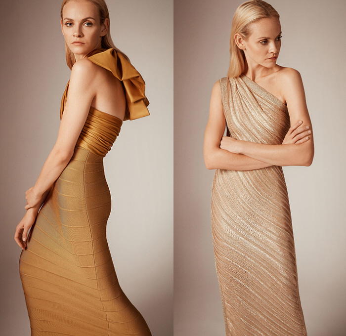 Hervé Léger 2020 Pre-Fall Autumn Womens Lookbook Presentation - Bandage Wrap Bodycon Dress One Shoulder Strapless Ruffles Folds Frills Pleats Metallic Sheen Fringes Threads Tiered Skirt Turtleneck Ribbed Ridges Open Back Knit Straps Sheer Chiffon Organza Heels