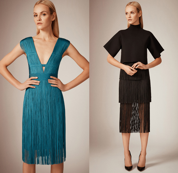 Hervé Léger 2020 Pre-Fall Autumn Womens Lookbook Presentation - Bandage Wrap Bodycon Dress One Shoulder Strapless Ruffles Folds Frills Pleats Metallic Sheen Fringes Threads Tiered Skirt Turtleneck Ribbed Ridges Open Back Knit Straps Sheer Chiffon Organza Heels