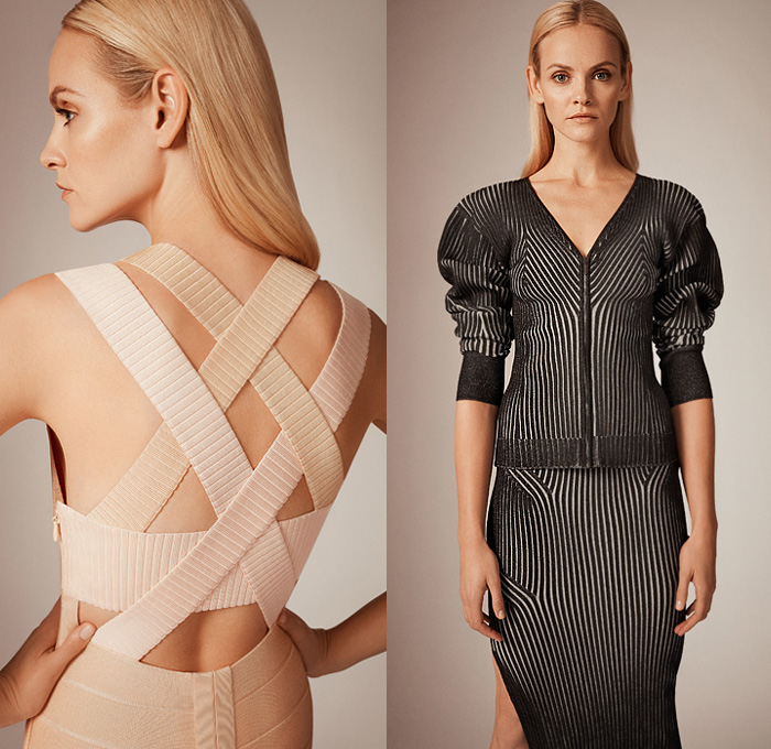 Hervé Léger 2020 Pre-Fall Autumn Womens Lookbook Presentation - Bandage Wrap Bodycon Dress One Shoulder Strapless Ruffles Folds Frills Pleats Metallic Sheen Fringes Threads Tiered Skirt Turtleneck Ribbed Ridges Open Back Knit Straps Sheer Chiffon Organza Heels