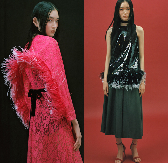 Huishan Zhang 2020 Pre-Fall Autumn Womens Lookbook Presentation - Tweed Fringes Trims Pearls Studs Feathers Plumage Bedazzled Sequins Lace Embroidery Mesh Sheer Tulle Jacket Pantsuit Accordion Pleats Opera Gloves Trench Coat Sleeveless Vest Tabard Prairie Countryside Dress Tiered Asymmetrical Cross Ruffles Frills Puff Sleeves Miniskirt Dress Gown Denim Jeans Heels