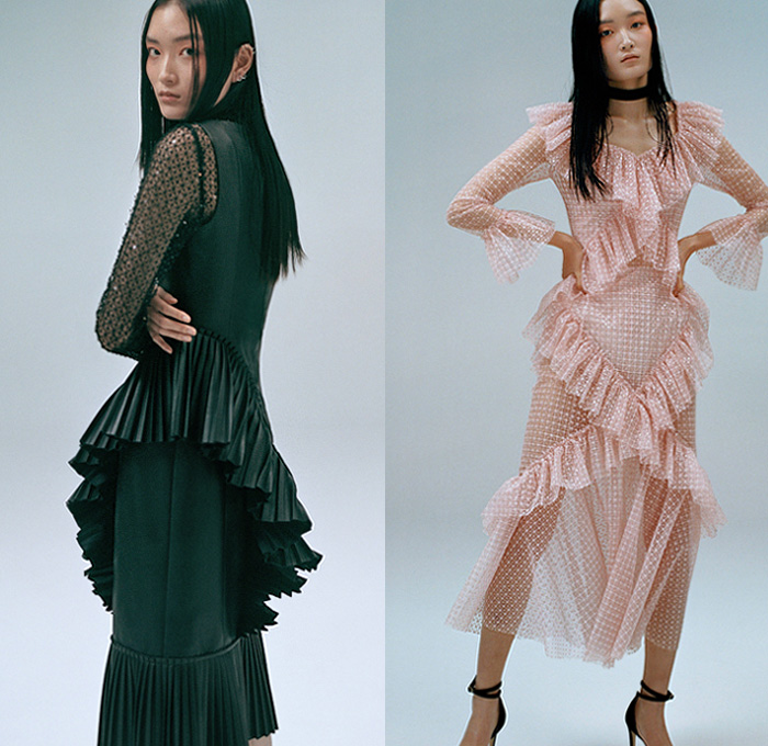 Huishan Zhang 2020 Pre-Fall Autumn Womens Lookbook Presentation - Tweed Fringes Trims Pearls Studs Feathers Plumage Bedazzled Sequins Lace Embroidery Mesh Sheer Tulle Jacket Pantsuit Accordion Pleats Opera Gloves Trench Coat Sleeveless Vest Tabard Prairie Countryside Dress Tiered Asymmetrical Cross Ruffles Frills Puff Sleeves Miniskirt Dress Gown Denim Jeans Heels