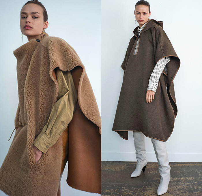 Isabel Marant 2020 Pre-Fall Autumn Womens Lookbook Presentation - Oversleeve Long Sleeve Blouse Poufy Shoulders Cinch Sweater Outerwear Coat Swirls Abstract Fur Shearling Turtleneck Mohair Sweater Fleece Jacket Poncho Hood Crop Top Midriff Fringes Quilted Puffer Vest Lace Cutwork Mesh Eyelets Flowers Floral High Waist Tapered Denim Mom Jeans Dress Boots Purse