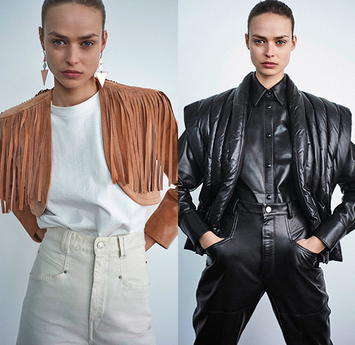 Isabel Marant 2020 Pre-Fall Autumn Womens Lookbook Presentation - Oversleeve Long Sleeve Blouse Poufy Shoulders Cinch Sweater Outerwear Coat Swirls Abstract Fur Shearling Turtleneck Mohair Sweater Fleece Jacket Poncho Hood Crop Top Midriff Fringes Quilted Puffer Vest Lace Cutwork Mesh Eyelets Flowers Floral High Waist Tapered Denim Mom Jeans Dress Boots Purse