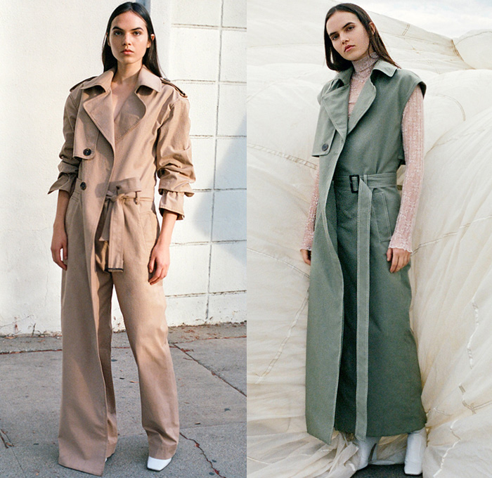 Jonathan Simkhai 2020 Pre-Fall Autumn Womens Lookbook Presentation - Hybrid Trench Coat Onesie Jumpsuit Boiler Suit Coveralls Romper Combishorts Stripes Tabard Turtleneck Knit Sweater Strapless Puff Sleeves Accordion Pleats Skirt Noodle Strap Silk Camisole Slip Dress Lace Sheer Tulle Embroidery Pantsuit Blazer Boots Sandals