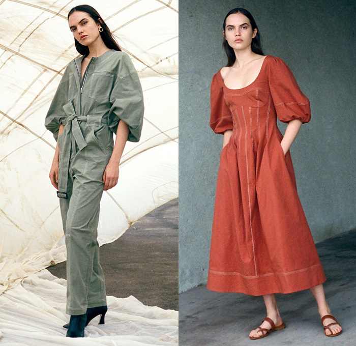 Jonathan Simkhai 2020 Pre-Fall Autumn Womens Lookbook Presentation - Hybrid Trench Coat Onesie Jumpsuit Boiler Suit Coveralls Romper Combishorts Stripes Tabard Turtleneck Knit Sweater Strapless Puff Sleeves Accordion Pleats Skirt Noodle Strap Silk Camisole Slip Dress Lace Sheer Tulle Embroidery Pantsuit Blazer Boots Sandals