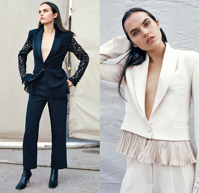 Jonathan Simkhai 2020 Pre-Fall Autumn Womens Lookbook Presentation - Hybrid Trench Coat Onesie Jumpsuit Boiler Suit Coveralls Romper Combishorts Stripes Tabard Turtleneck Knit Sweater Strapless Puff Sleeves Accordion Pleats Skirt Noodle Strap Silk Camisole Slip Dress Lace Sheer Tulle Embroidery Pantsuit Blazer Boots Sandals