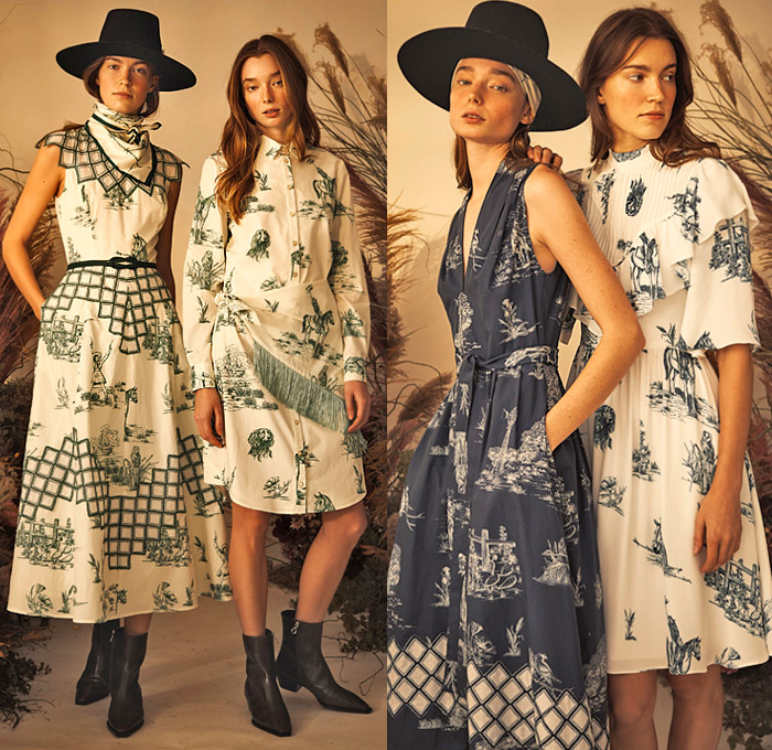 Lela Rose 2020 Pre-Fall Autumn Womens Lookbook Presentation - Rey Rosa Texas Toile De Jouy Bluebonnet Wildflowers Flowers Floral Embroidery Sequins Paillettes Owl Dog Cowgirl Horse Wheat Stalks Wood Fence Wooden Fence Hat Neck Scarf Shirtdress Strapless Maxi Dress Prairie Pellegrina Cape Check Plaid Tiered Fringes Tied Sash Waist Sleeveless Bell Sleeves Mesh Crop Top Midriff Knit Weave Holes Quilted Denim Jeans Poodle Circle Skirt Boots